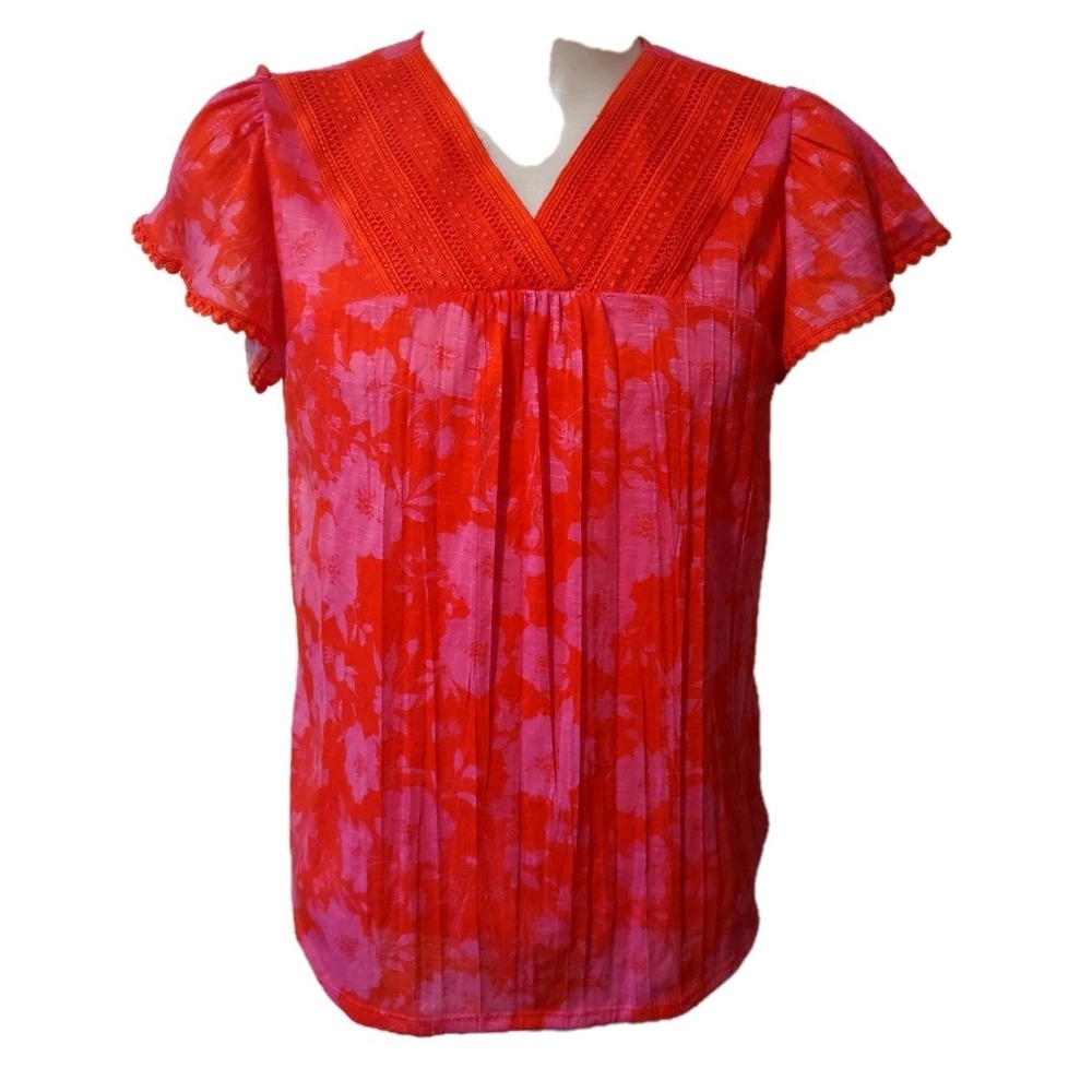 Absolutely Famous Blouse‎ Womens XL Red Pink Floral Lace Flutter Sleeve Boho Top